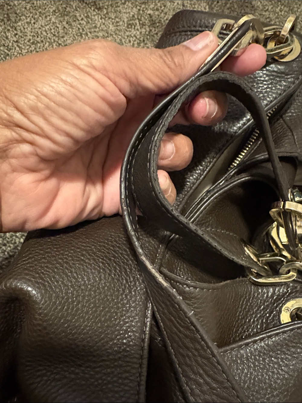 Michael Kors Dark Brown Pebbled Leather Shoulder Hobo with Gold MK Charm - Picture 13 of 16